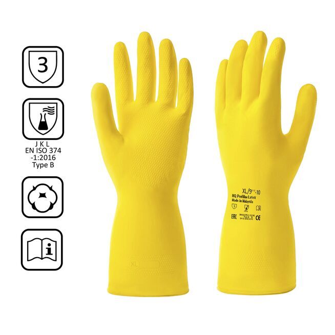 Перчатки латексные многоразовые желтые, р-р XL HQ Profiline /50/1
