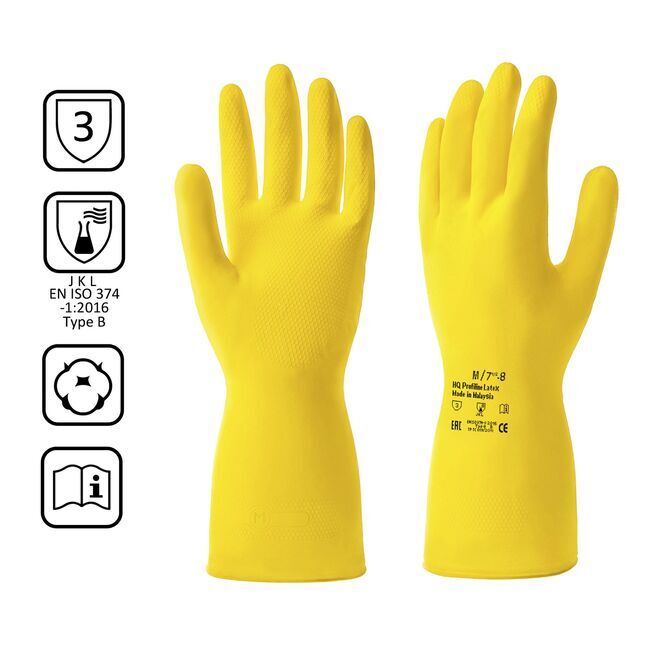 Перчатки латексные многоразовые желтые, р-р M HQ Profiline /50/1
