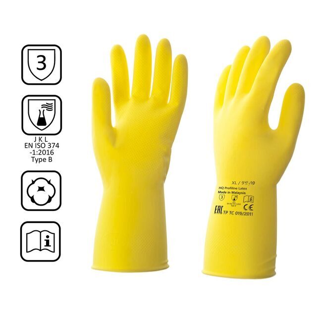 Перчатки латексные многоразовые желтые, р-р XL HQ Profiline