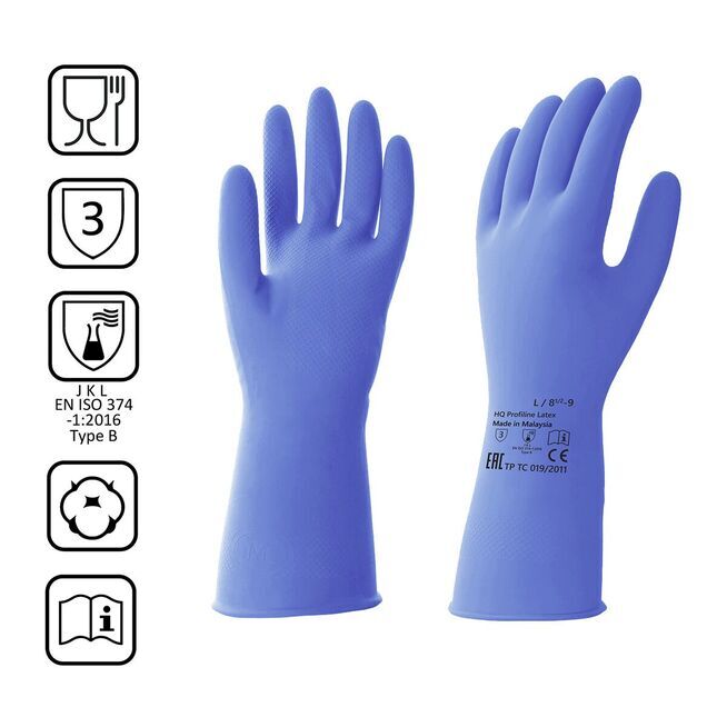 Перчатки латексные многоразовые синие, р-р L HQ Profiline /50/1