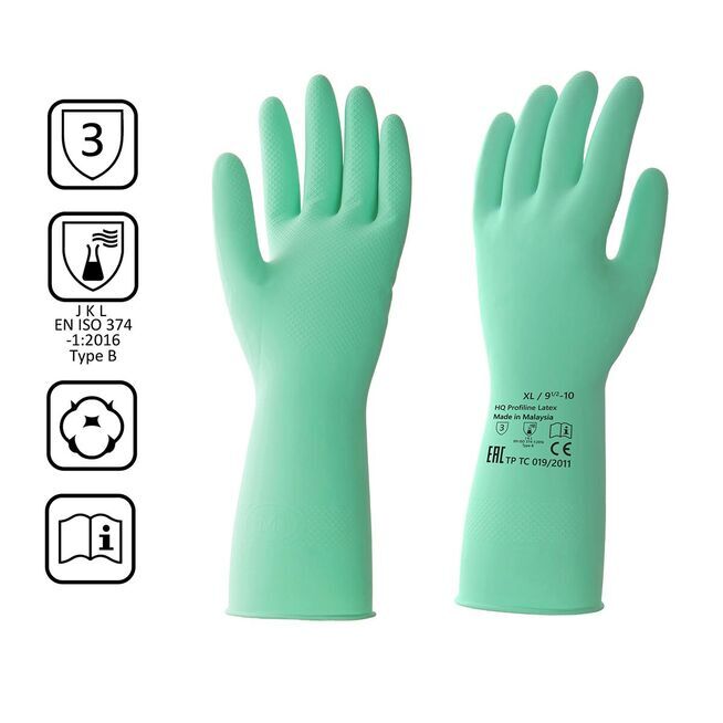 Перчатки латексные многоразовые зеленые, р-р XL HQ Profiline /50/1