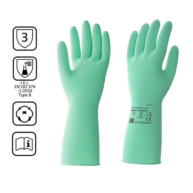 Перчатки латексные многоразовые зеленые, р-р S HQ Profiline /50/1